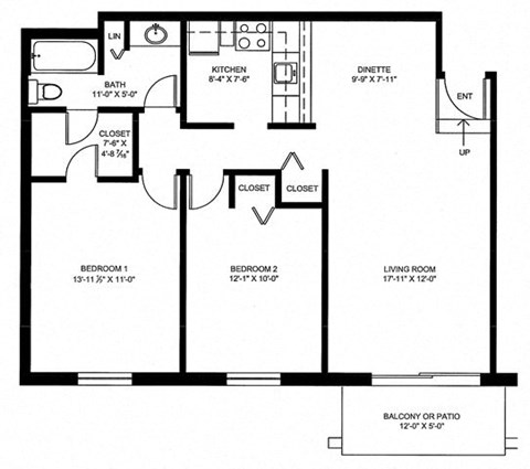 Floor plan for 2 beds, 1 bath, 920 sqft
